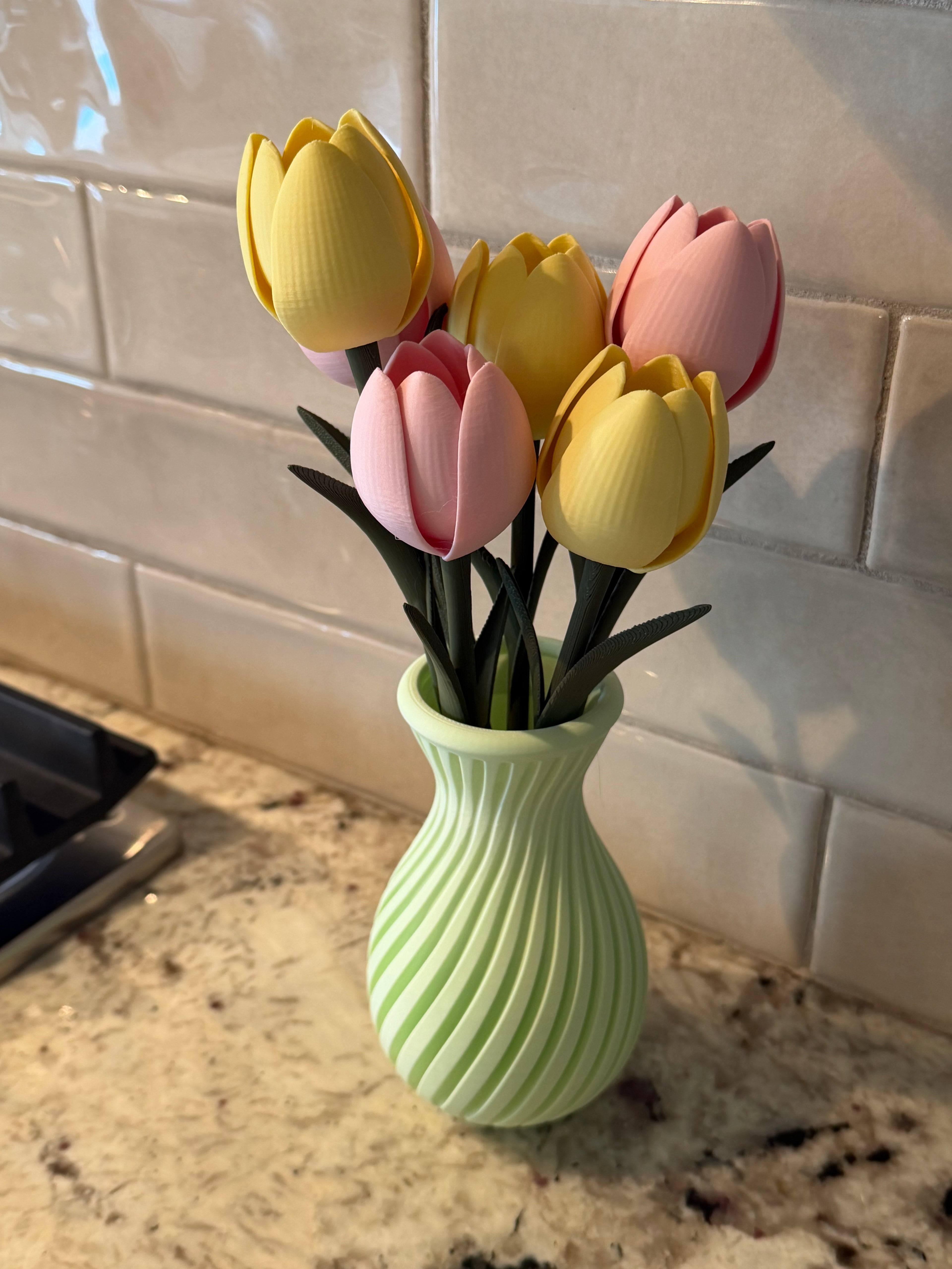 Green Vase with Yellow/Pink flowers MEDIUM size- ALL FREE SHIPPING!