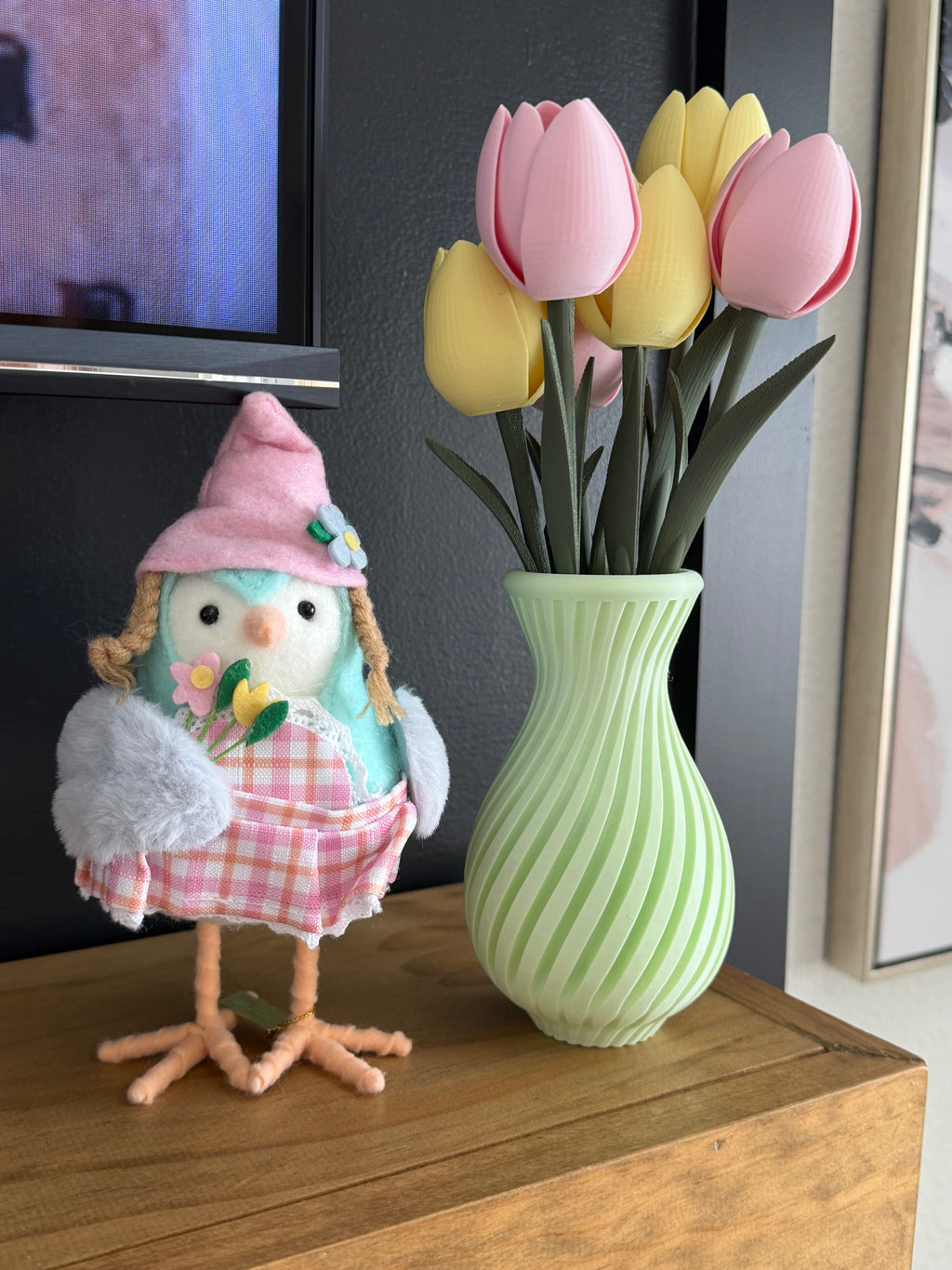 Green Vase with Pink and Yellow Flowers Small Tulip Arrangement!