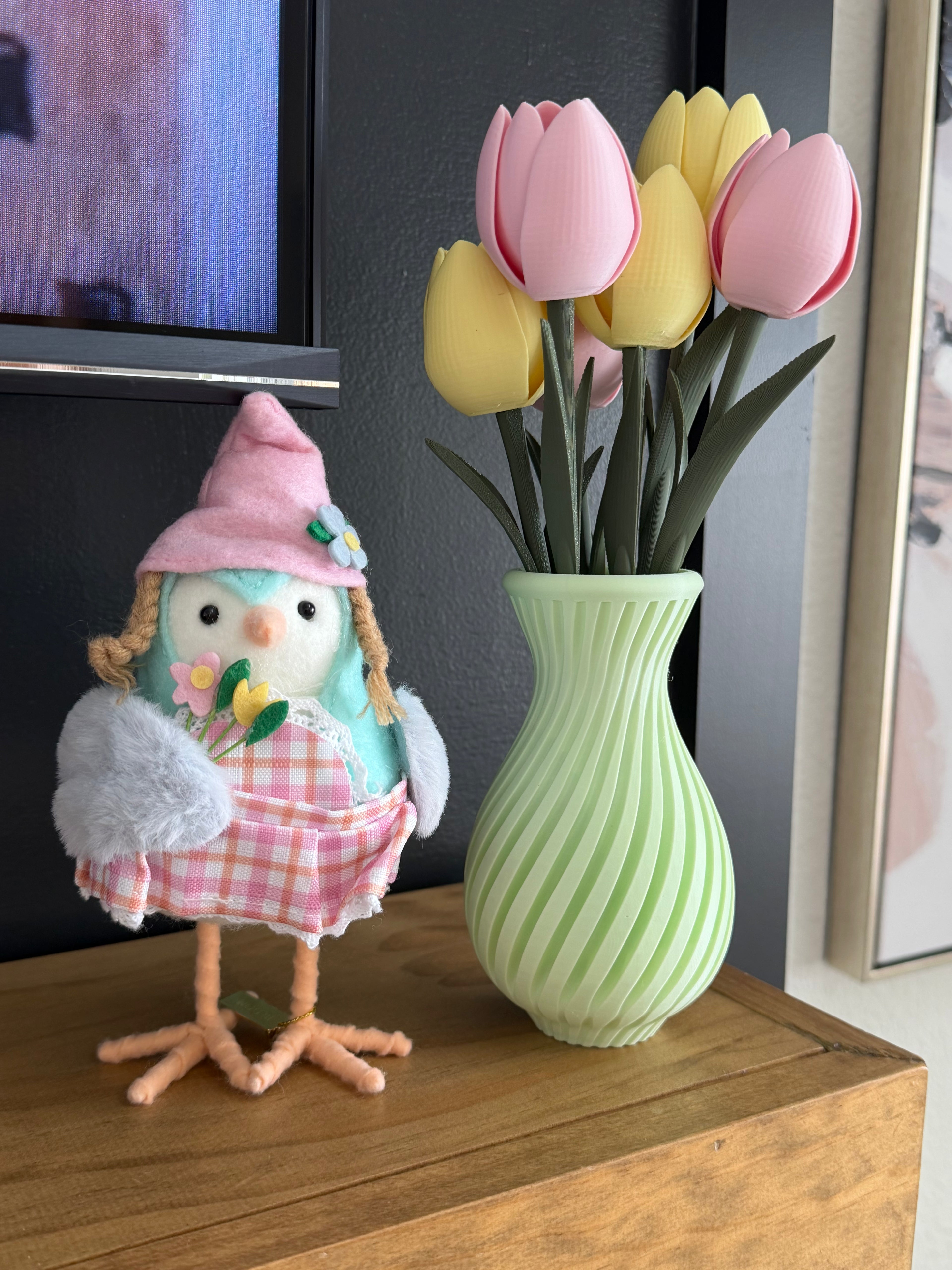 Green Vase with Pink and Yellow Flowers Small Tulip Arrangement!
