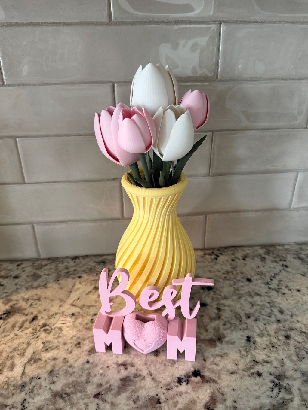 Medium Yellow Vase with white &pink Tulips